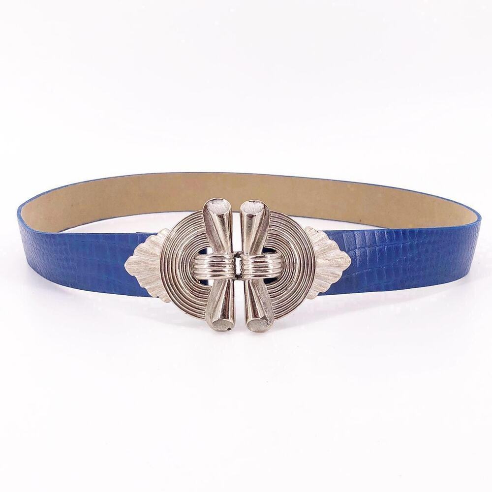 80s Mimi two piece buckle silver & blue belt 1980s vintage